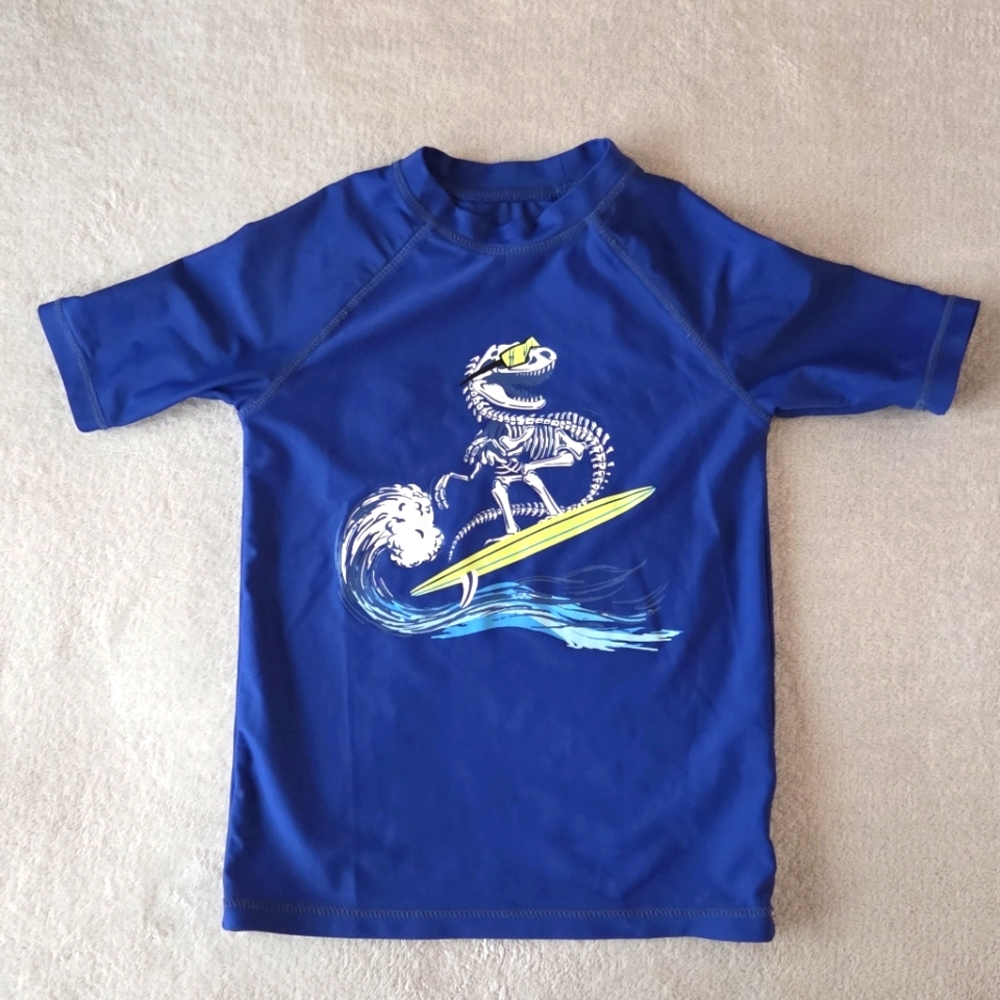 Boys Blue Rash Guard Swim Shirt | Size 5/6 | Dinosaur Surf Print